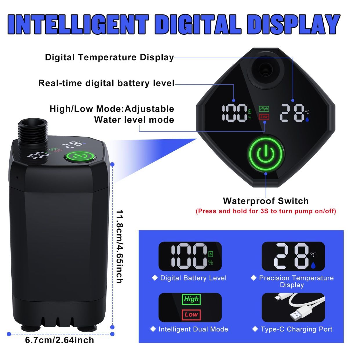 Portable Shower for Camping, [Long-Lasting] 6000mAh Rechargeable Camping Shower with Intelligent LED Display, 4 Spray Modes, IPX7 Waterproof Outdoor Camp Pump for Hiking, Travel, Car, Pet - Gray - Size 4.64*2.64in