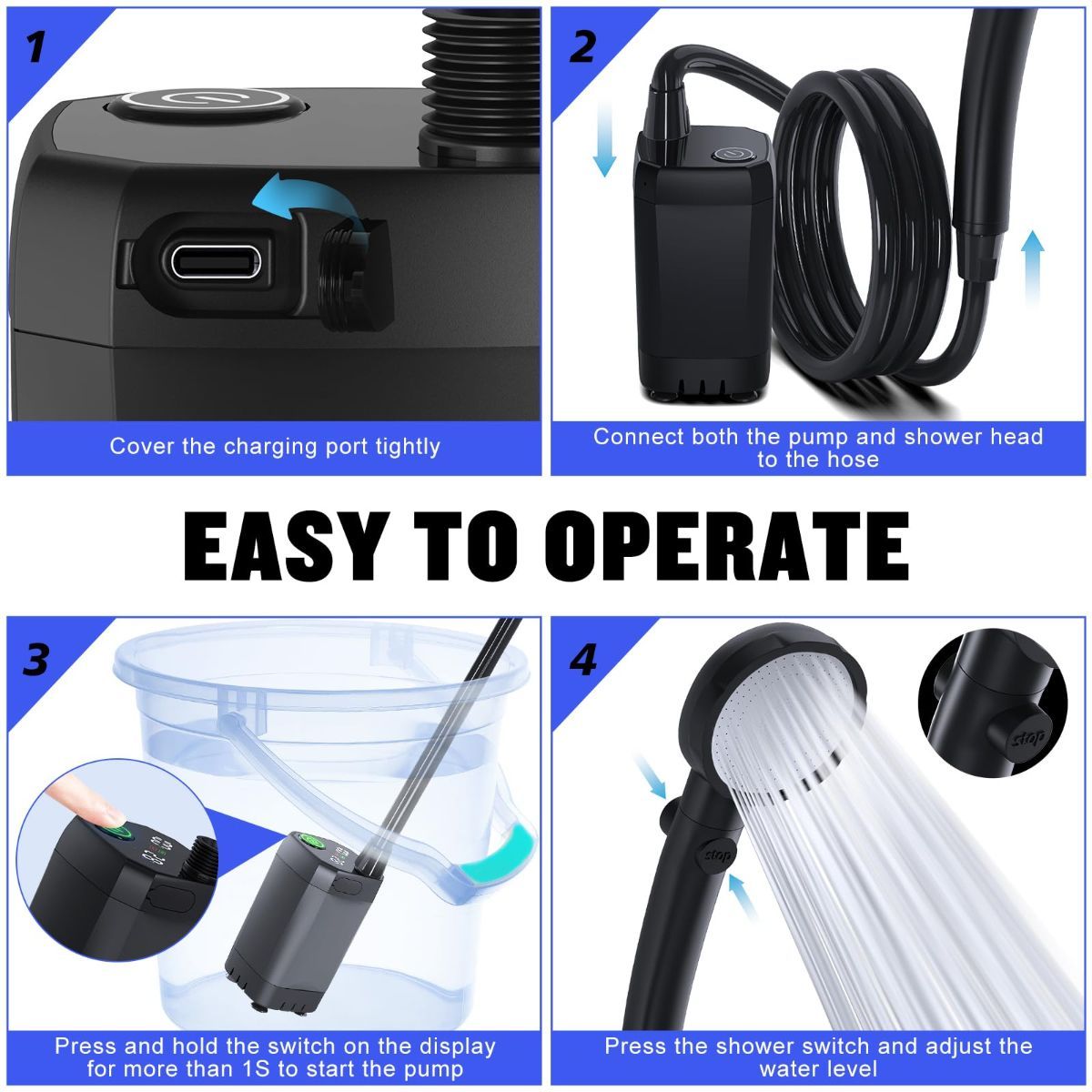 Portable Shower for Camping, [Long-Lasting] 6000mAh Rechargeable Camping Shower with Intelligent LED Display, 4 Spray Modes, IPX7 Waterproof Outdoor Camp Pump for Hiking, Travel, Car, Pet - Gray - Size 4.64*2.64in
