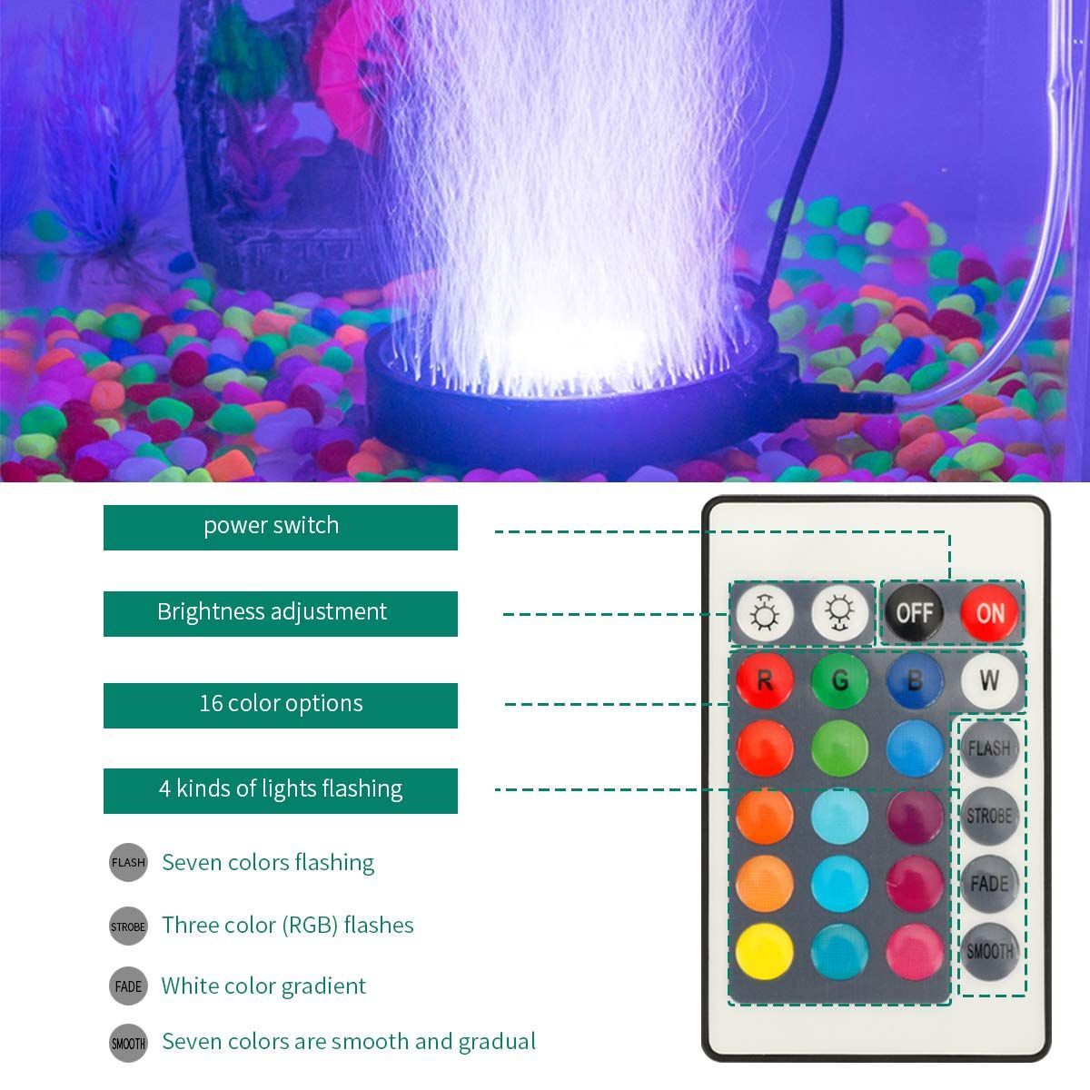 Aquarium Bubble Light LED Fish Tank Bubbler Light, Remote Controlled Aquariums Air Stone Disk Lamp with 16 Color Changing, 4 Lighting Effects for Tanks and Ponds
