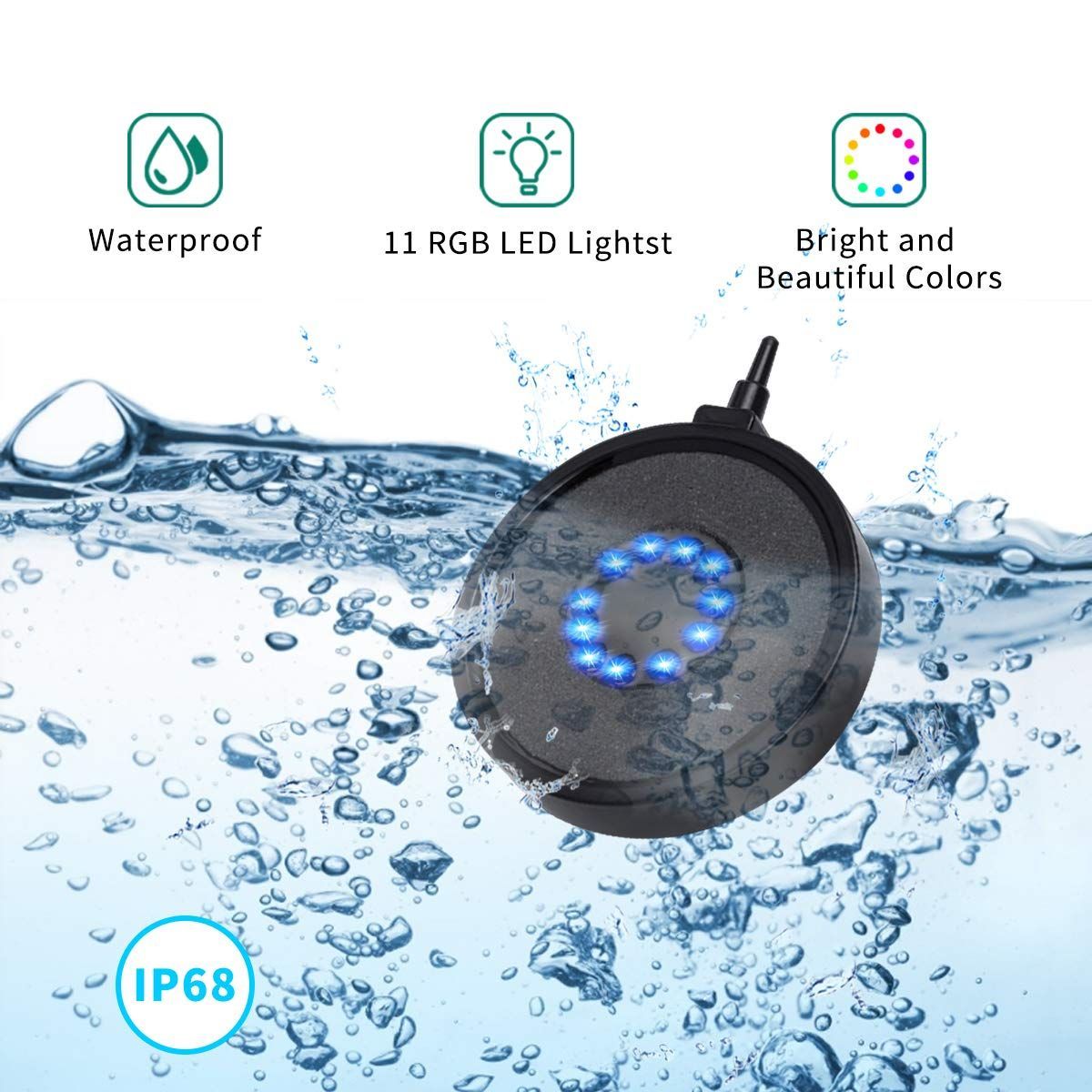 Aquarium Bubble Light LED Fish Tank Bubbler Light, Remote Controlled Aquariums Air Stone Disk Lamp with 16 Color Changing, 4 Lighting Effects for Tanks and Ponds
