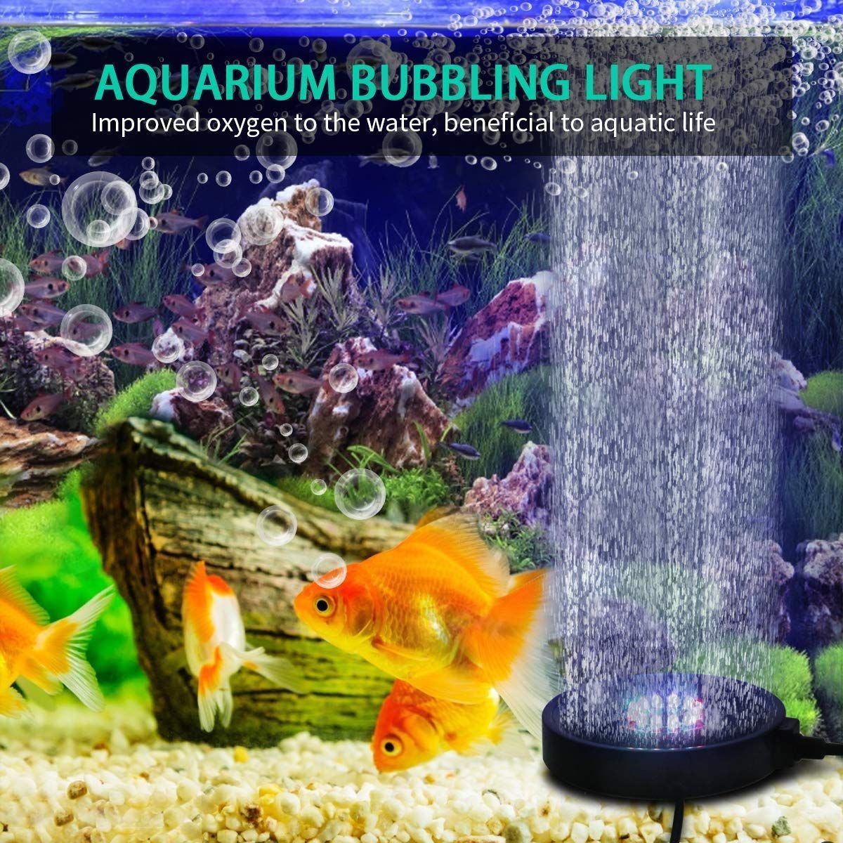 Aquarium Bubble Light LED Fish Tank Bubbler Light, Remote Controlled Aquariums Air Stone Disk Lamp with 16 Color Changing, 4 Lighting Effects for Tanks and Ponds