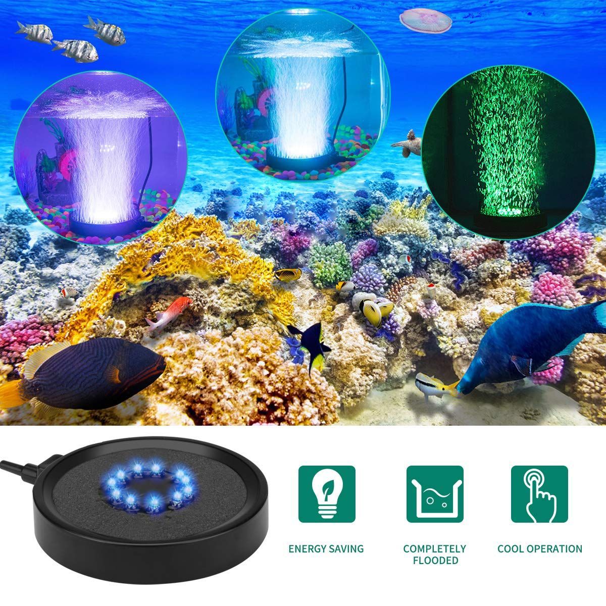 Aquarium Bubble Light LED Fish Tank Bubbler Light, Remote Controlled Aquariums Air Stone Disk Lamp with 16 Color Changing, 4 Lighting Effects for Tanks and Ponds