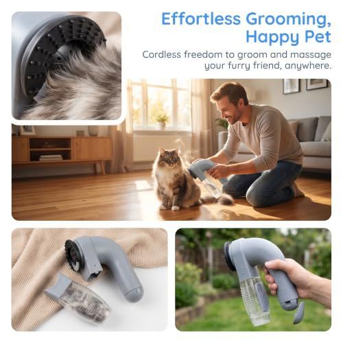 2-in-1 Pet Hair Vacuum Grooming Brush Dog Cat Deshedding Tool with Suction & Soft Rubber Massage Nubs for Home Cleaning & Pet Care Powered by Dry Cells (Batteries Not Included)