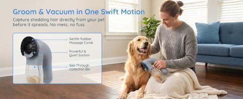 2-in-1 Pet Hair Vacuum Grooming Brush Dog Cat Deshedding Tool with Suction & Soft Rubber Massage Nubs for Home Cleaning & Pet Care Powered by Dry Cells (Batteries Not Included)