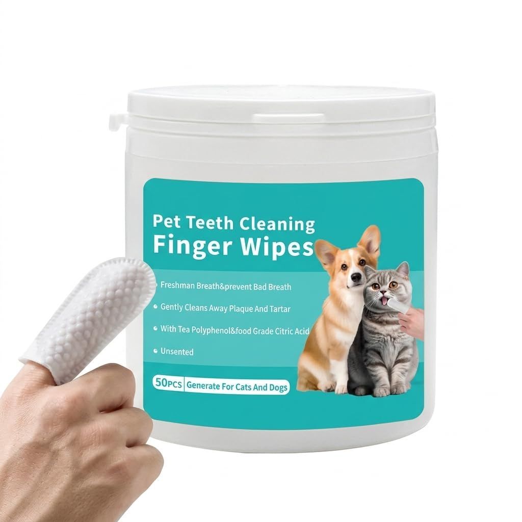 Pet Teeth Cleaning Finger Wipes for Dogs & Cats, Gentle Daily Oral Care Dental Wipes Helps Reduce Plaque Tartar & Freshens Breath, Dog Toothbrush Alternative for Puppies, Kittens & All Breeds,50 Count