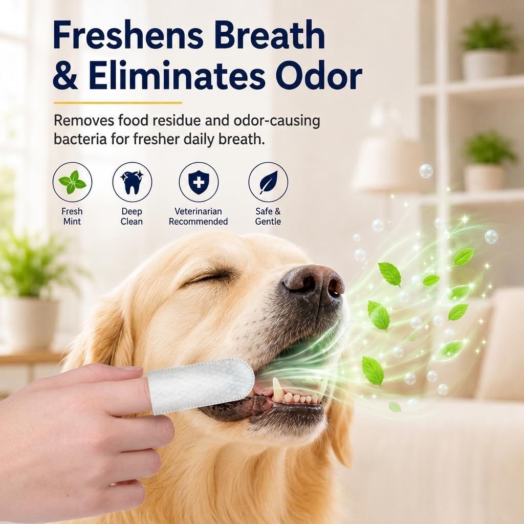Pet Teeth Cleaning Finger Wipes for Dogs & Cats, Gentle Daily Oral Care Dental Wipes Helps Reduce Plaque Tartar & Freshens Breath, Dog Toothbrush Alternative for Puppies, Kittens & All Breeds,50 Count