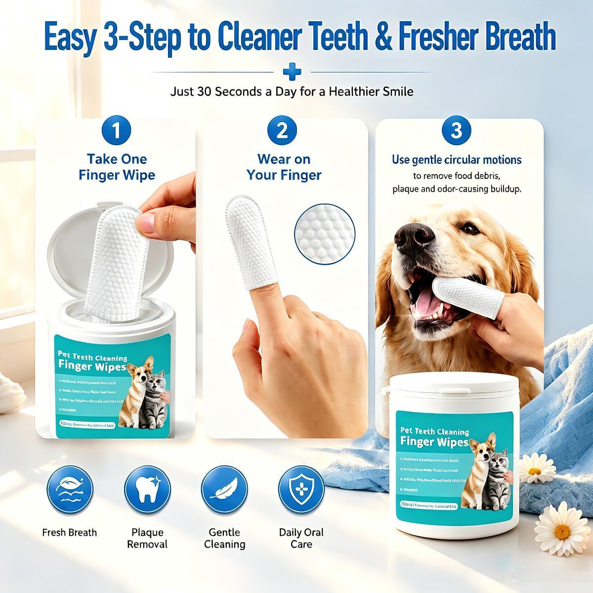 Pet Teeth Cleaning Finger Wipes for Dogs & Cats, Gentle Daily Oral Care Dental Wipes Helps Reduce Plaque Tartar & Freshens Breath, Dog Toothbrush Alternative for Puppies, Kittens & All Breeds,50 Count