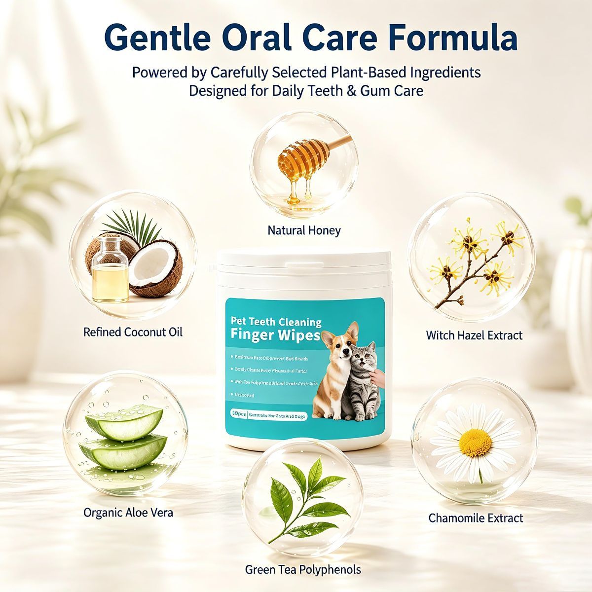 Pet Teeth Cleaning Finger Wipes for Dogs & Cats, Gentle Daily Oral Care Dental Wipes Helps Reduce Plaque Tartar & Freshens Breath, Dog Toothbrush Alternative for Puppies, Kittens & All Breeds,50 Count