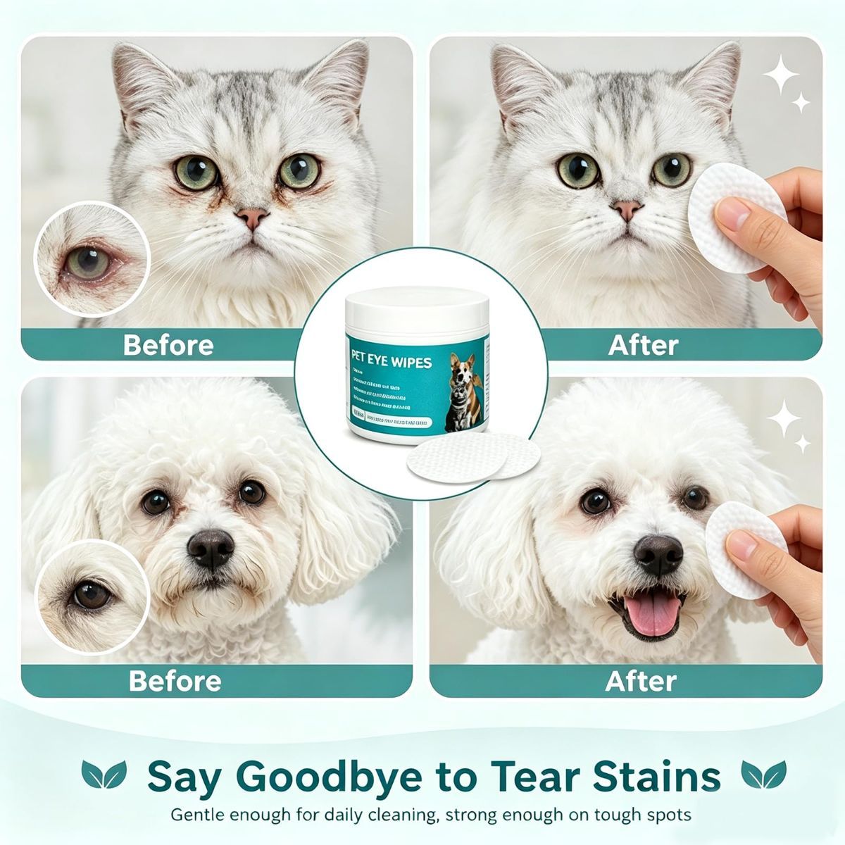 Eye Wipes for Dogs & Cats, Pet Eye Cleaner Wipes for Tear Stains Discharge, Hypoallergenic with Aloe Vera and Vitamin E, Gently Removes Eye Debris, Mucus, Crust, for Daily Use, 100 Count