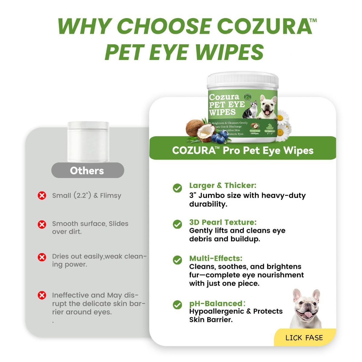 Dog Eye Wipes Tear Stain Remover for Dogs & Cats, Gentle Pet Eye Cleaner Pads to Remove Discharge, Crust & Boogers, Natural Grooming Supplies for Puppy, Kitten - 100ct, Coconut Scent