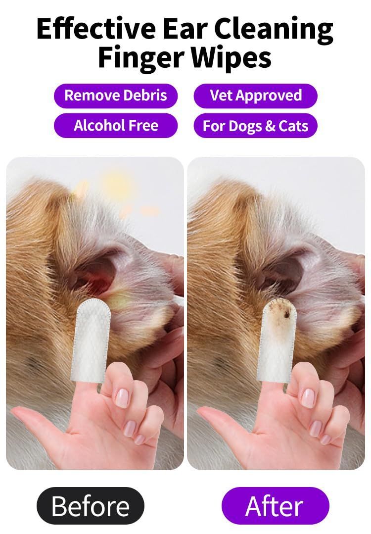 Ear Cleaner Finger Wipes for Dogs & Cats,50 Counts Pet Ear Wipes,Pet Ear Cleaner Finger Wipes to Remove Wax, Dirt, Relieve Ear Itching & Inflammation for Dogs & Cats