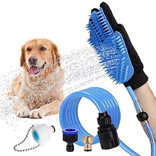 Dog Washing Hose Attachment, Dog Bath Brush Gloves with 66 Inch Hose Dog Shower Attachment with Massage & Deshedding Function, Universal Faucet Adapter for Indoor Outdoor Pet Bathing Grooming