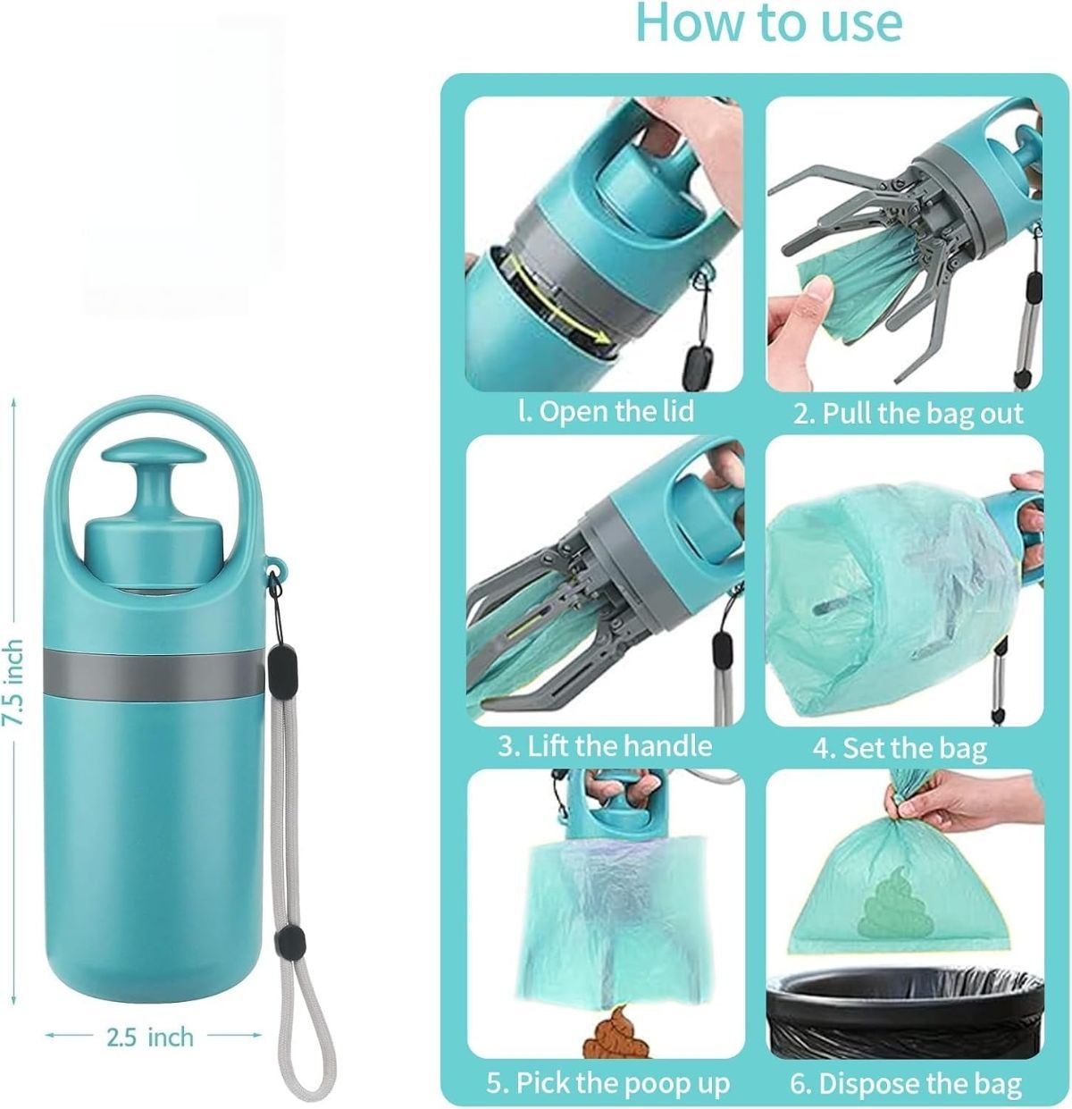 Portable 2 in 1 Dog Waste Pick Up Claws, Hand Held Pet Waste Picker, Six Claws Portable Dog Poop Scooper with 15PCS Bag Attachment and Leak-Proof Waste Storage Container, Pet Lovers - Orange - Size Pooper scooper