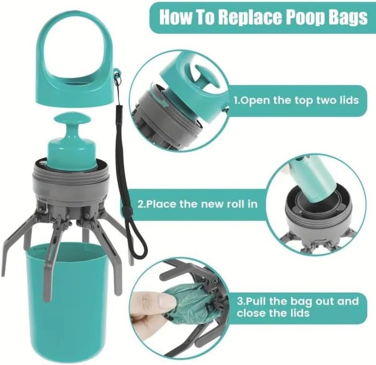 Portable 2 in 1 Dog Waste Pick Up Claws, Hand Held Pet Waste Picker, Six Claws Portable Dog Poop Scooper with 15PCS Bag Attachment and Leak-Proof Waste Storage Container, Pet Lovers - Blue - Size Pooper scooper