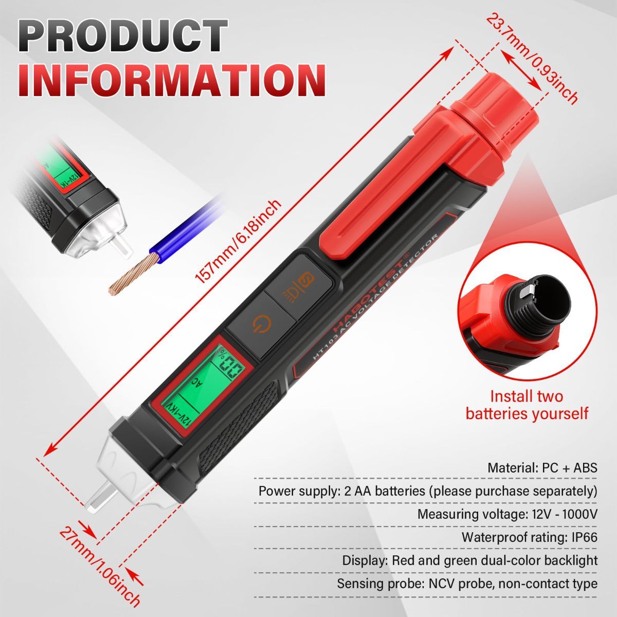 Non Contact Voltage Tester Pen, 12V-1000V Dual Range AC Circuit Tool, IP66 Waterproof Electrical Wire Detector with LCD Display, Buzzer Alarm, LED Flashlight & Breakpoint Finder