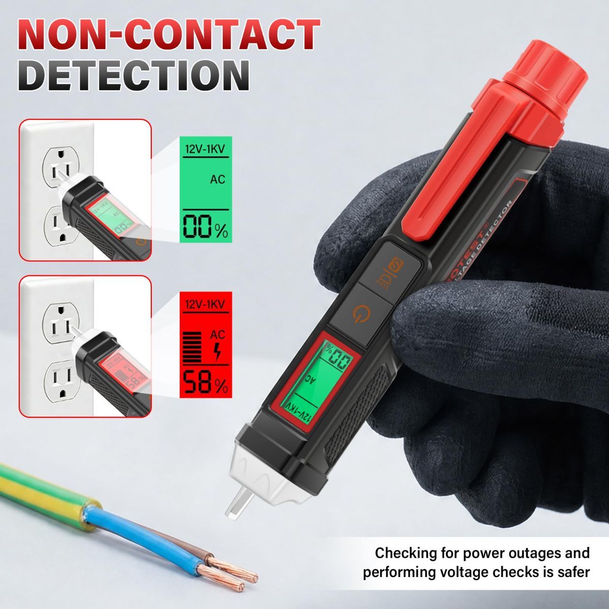 Non Contact Voltage Tester Pen, 12V-1000V Dual Range AC Circuit Tool, IP66 Waterproof Electrical Wire Detector with LCD Display, Buzzer Alarm, LED Flashlight & Breakpoint Finder
