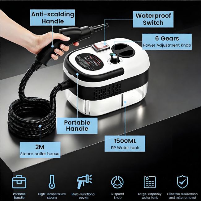 Handheld Steam Cleaner with 1500ML Tank Steamer for Kitchen & Bathroom 1.5L water tank Dual steam hoses 6-speed adjustable spray gun Independent spray gun