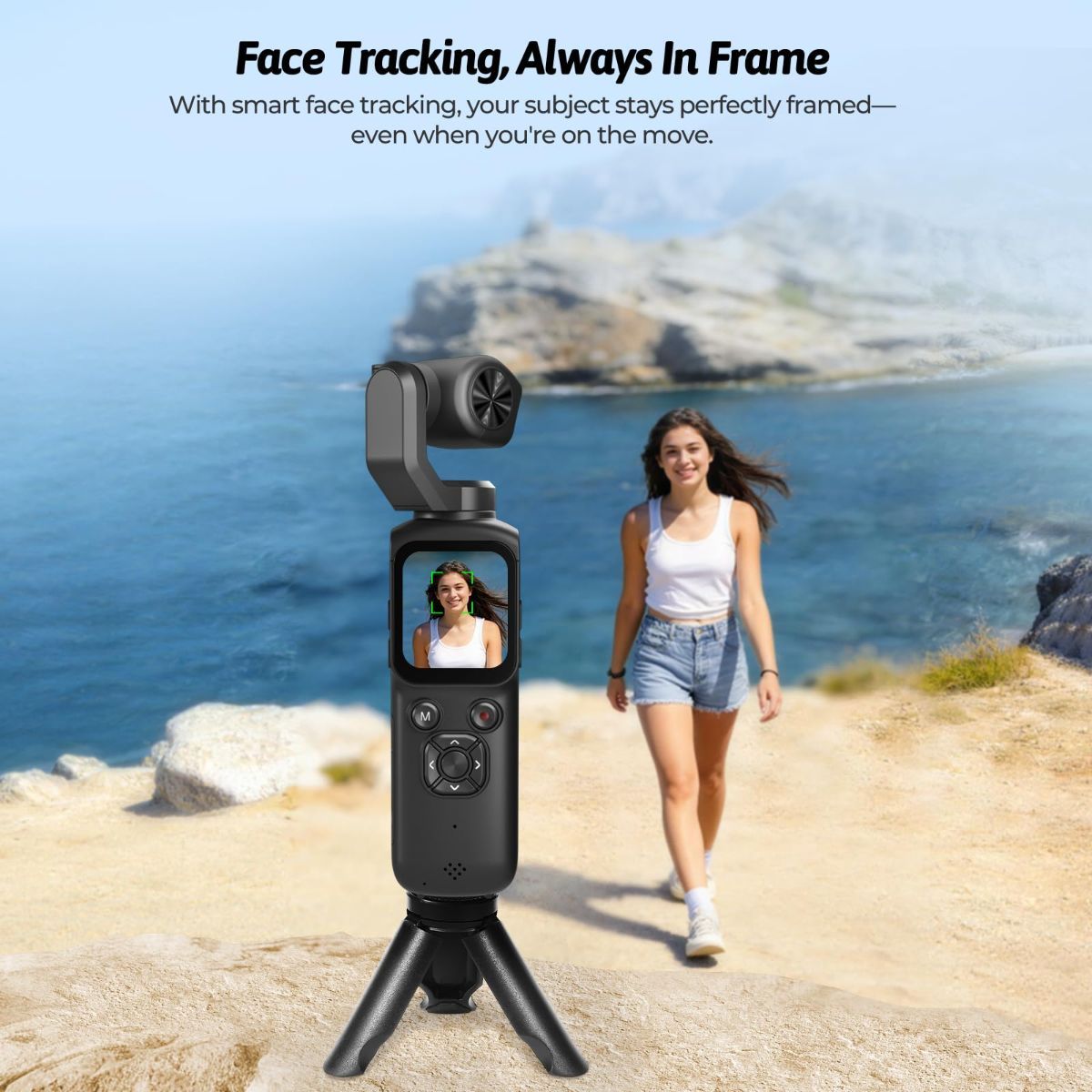 4K Vlogging Camera with 330° Gimbal Lens & 75MP Photo, WiFi Pocket Camera Compact Vlog Camera for Beginners, 330 Degree Rotating Lens, Content Creator Kit with Tripod & 16GB Card - Black - Size 158mm