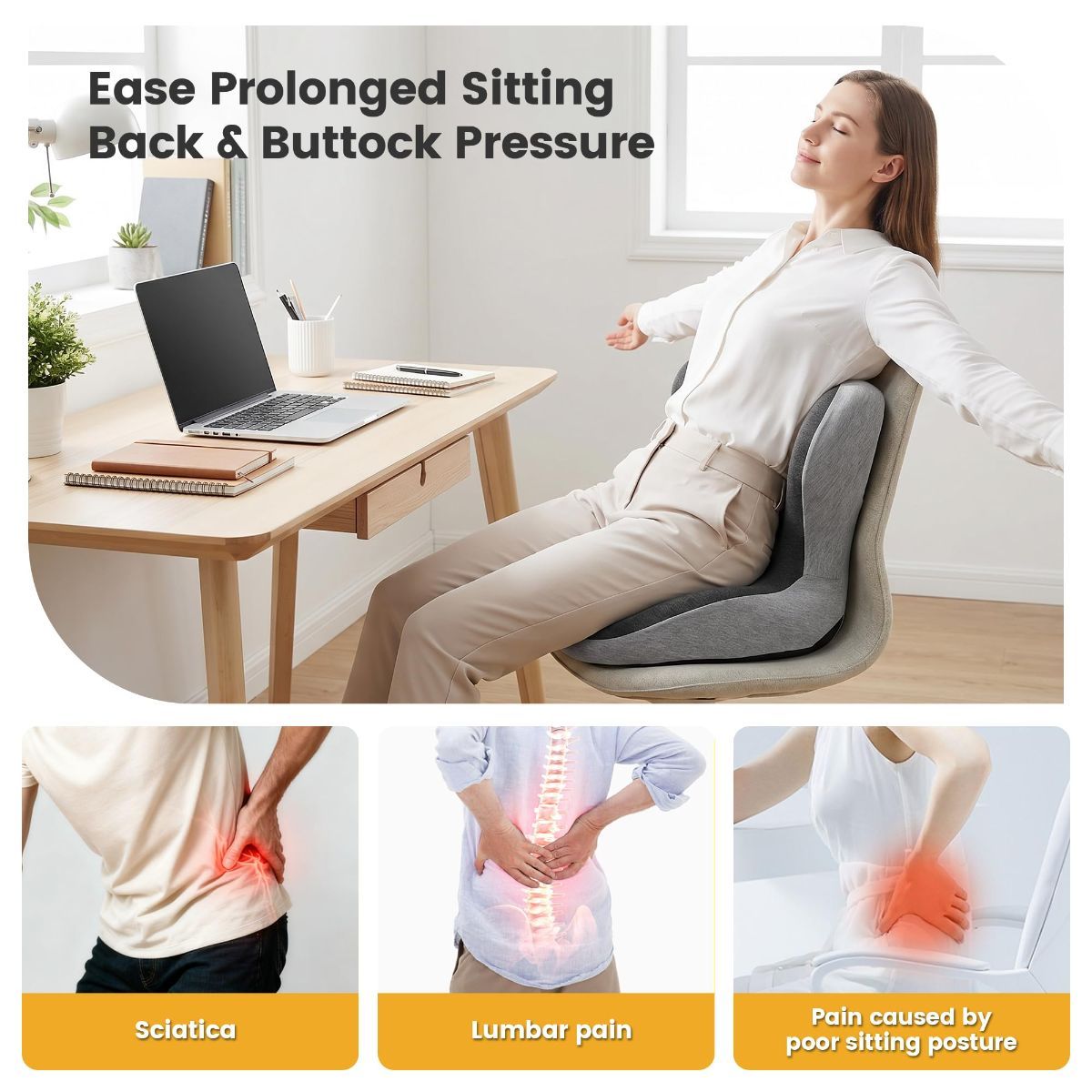 Memory Foam Seat Cushion for Office Chair - Sciatica Pain Relief Coccyx Cushion for Tailbone Pain - Orthopedic Gel Seat Cushion for Car & Desk - Non-Slip Bottom with Breathable Cover - Black - Size 38cm*38.5cm*33cm