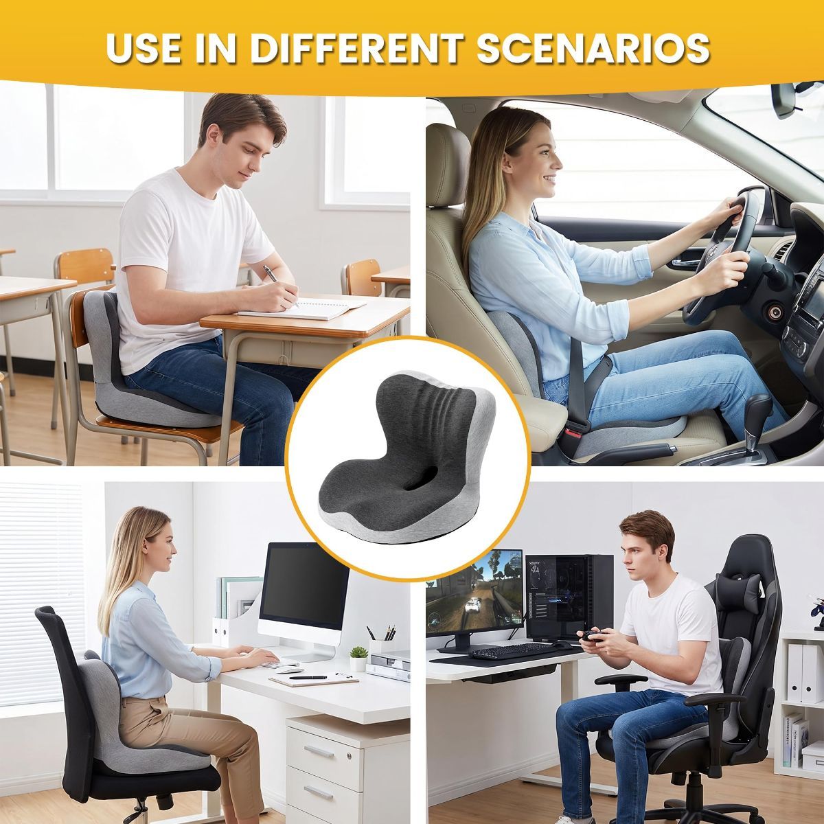 Memory Foam Seat Cushion for Office Chair - Sciatica Pain Relief Coccyx Cushion for Tailbone Pain - Orthopedic Gel Seat Cushion for Car & Desk - Non-Slip Bottom with Breathable Cover - Light Gray - Size 38cm*38.5cm*33cm