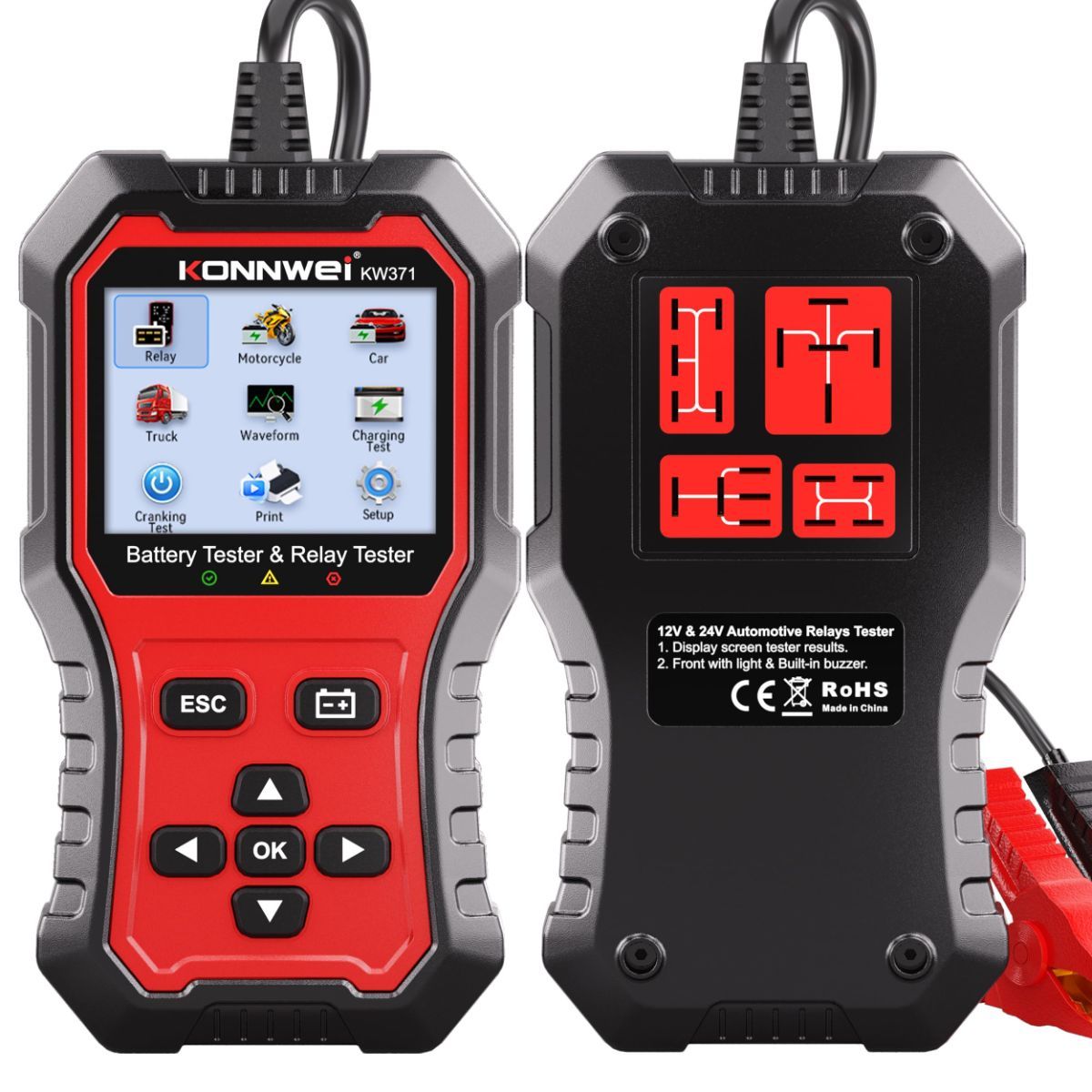 KW371 6V/12V/24V Battery Tester & 4/5Pin Relay Tester 2 in 1 battery tester automotive with cranking & charging load test, 4/5-pin relay tester, CCA 10-2000, No batteries required.