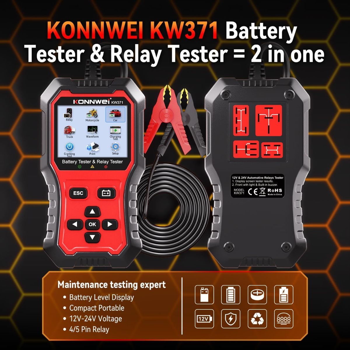 KW371 6V/12V/24V Battery Tester & 4/5Pin Relay Tester 2 in 1 battery tester automotive with cranking & charging load test, 4/5-pin relay tester, CCA 10-2000, No batteries required.