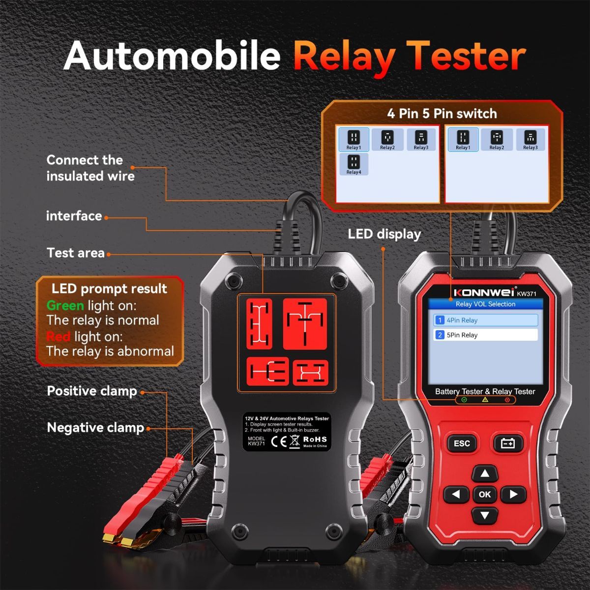 KW371 6V/12V/24V Battery Tester & 4/5Pin Relay Tester 2 in 1 battery tester automotive with cranking & charging load test, 4/5-pin relay tester, CCA 10-2000, No batteries required.