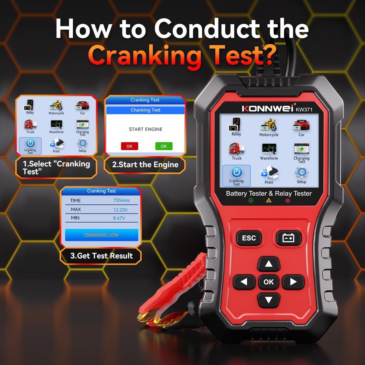 KW371 6V/12V/24V Battery Tester & 4/5Pin Relay Tester 2 in 1 battery tester automotive with cranking & charging load test, 4/5-pin relay tester, CCA 10-2000, No batteries required.