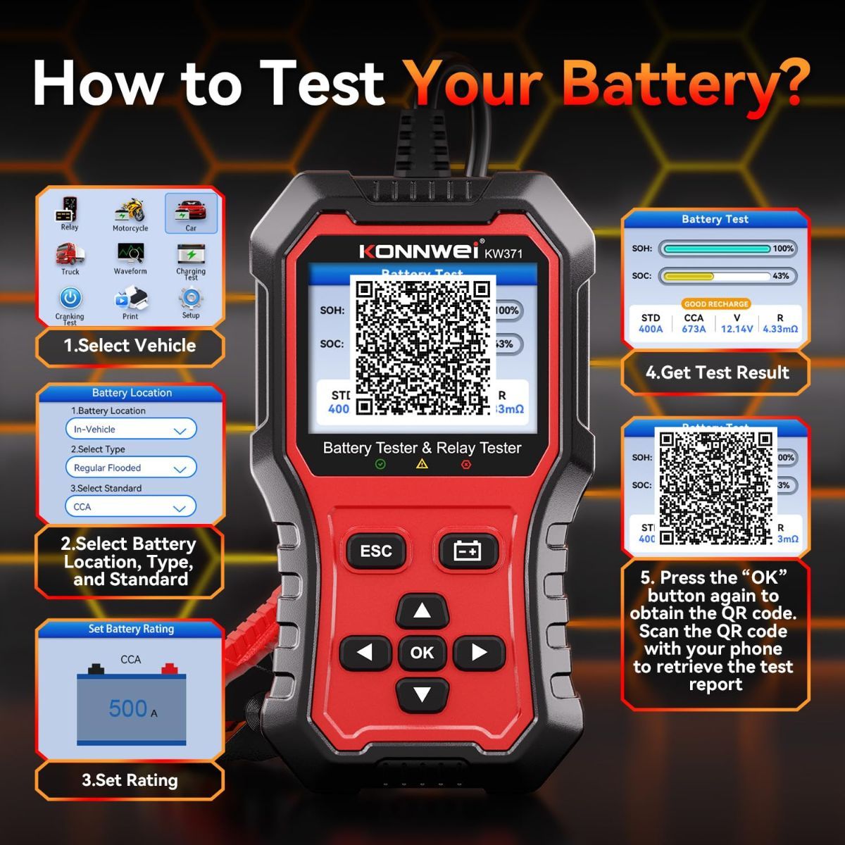 KW371 6V/12V/24V Battery Tester & 4/5Pin Relay Tester 2 in 1 battery tester automotive with cranking & charging load test, 4/5-pin relay tester, CCA 10-2000, No batteries required.