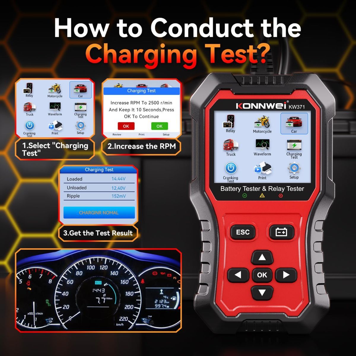 KW371 6V/12V/24V Battery Tester & 4/5Pin Relay Tester 2 in 1 battery tester automotive with cranking & charging load test, 4/5-pin relay tester, CCA 10-2000, No batteries required.