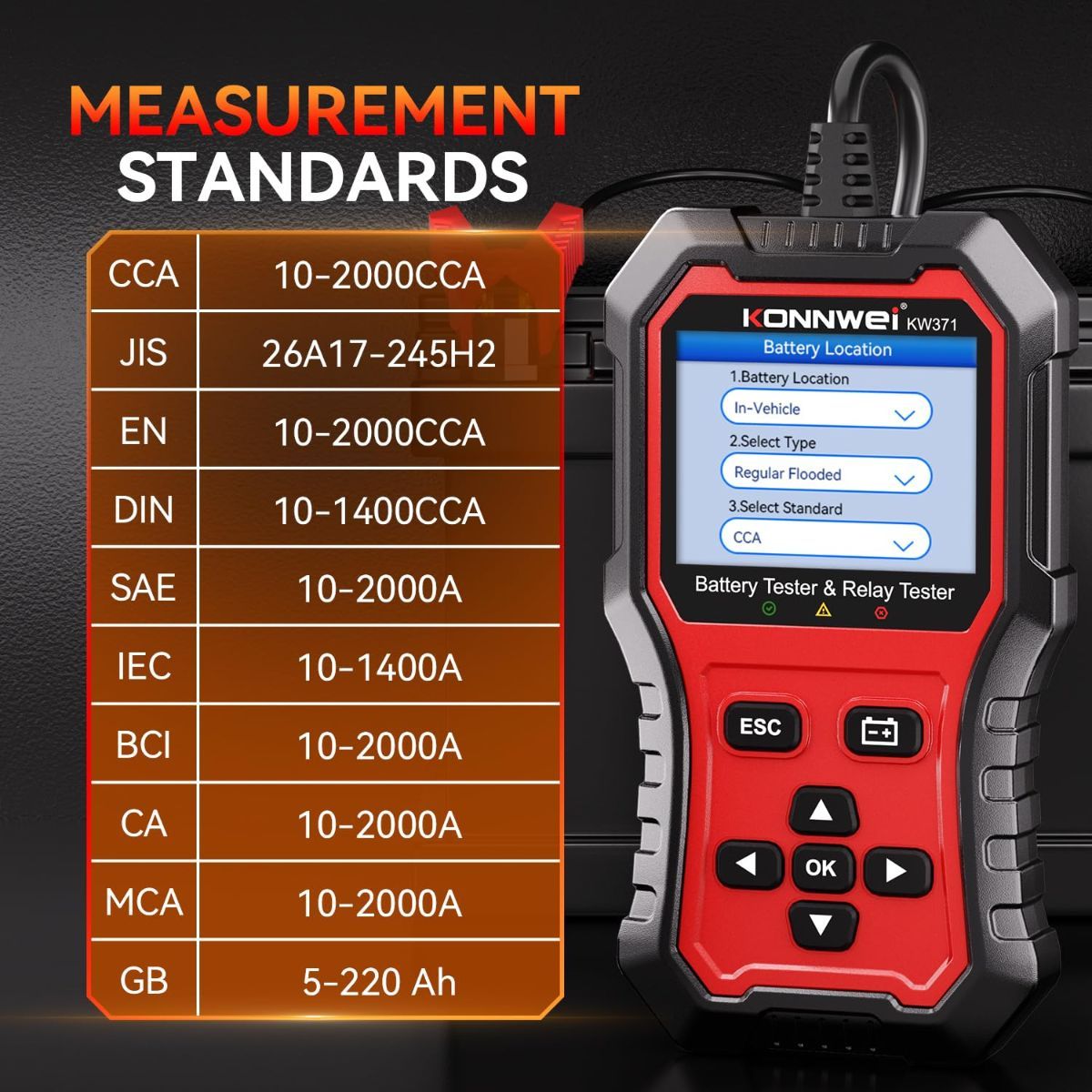 KW371 6V/12V/24V Battery Tester & 4/5Pin Relay Tester 2 in 1 battery tester automotive with cranking & charging load test, 4/5-pin relay tester, CCA 10-2000, No batteries required.