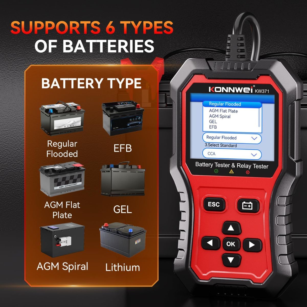 KW371 6V/12V/24V Battery Tester & 4/5Pin Relay Tester 2 in 1 battery tester automotive with cranking & charging load test, 4/5-pin relay tester, CCA 10-2000, No batteries required.