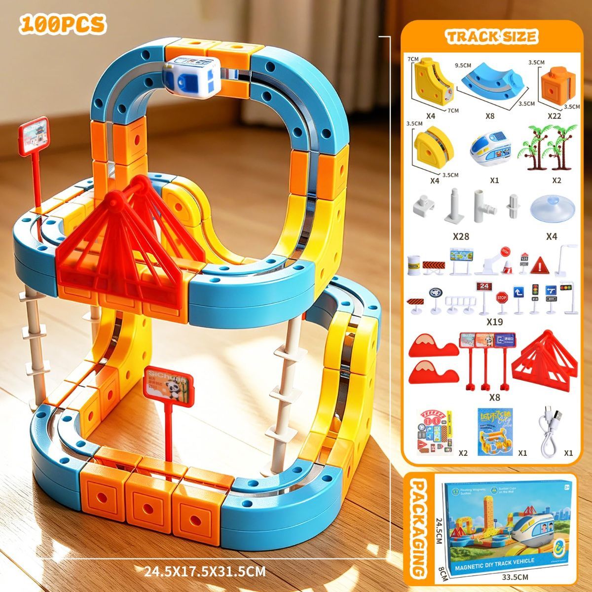 Magnetic Electric Train Set for Kids Ages 3-8, 100PCS Flexible Track Building Toy with Motorized Train, STEM Gift for Boys and Girls