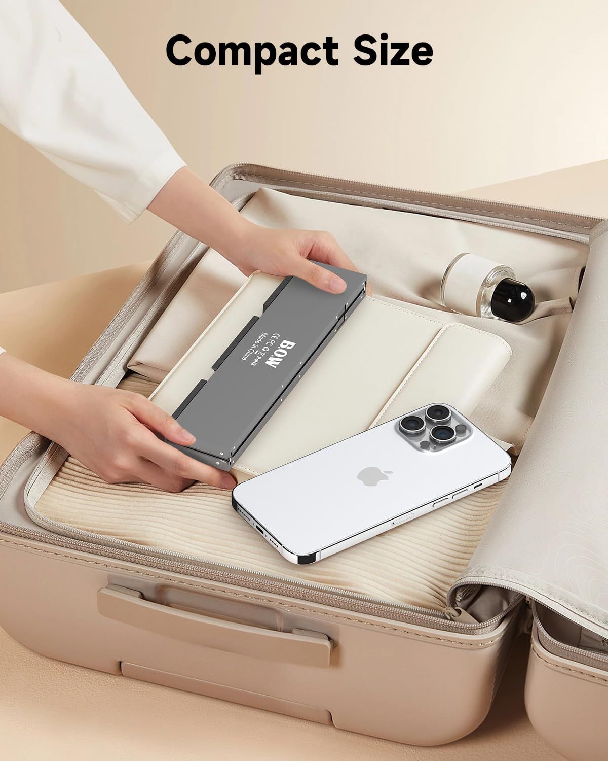 Foldable Bluetooth Keyboard with Magnetic Stand,Aluminum Alloy Mini Quiet Folding Portable Lightweight Travel Rechargeable Pocket for Tablet,iPad, Phones - White - Size 20.25*8.92cm