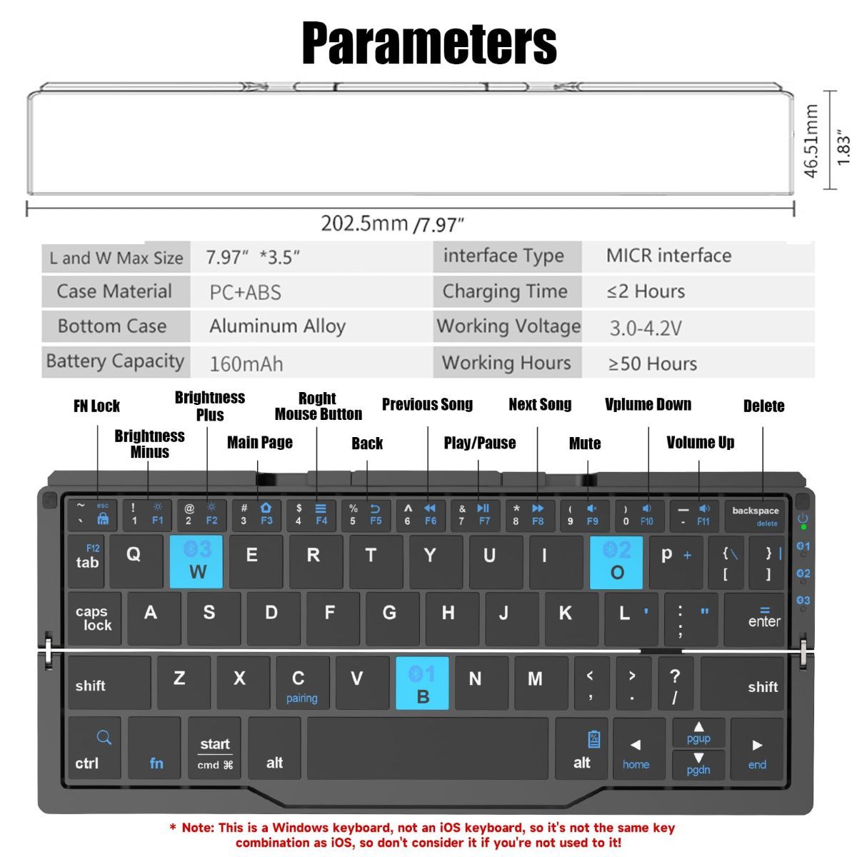 Foldable Bluetooth Keyboard with Magnetic Stand,Aluminum Alloy Mini Quiet Folding Portable Lightweight Travel Rechargeable Pocket for Tablet,iPad, Phones - White - Size 20.25*8.92cm