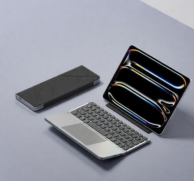 Foldable Bluetooth Keyboard with Touchpad and Stand for iPad/iPhone/MacBook,3-Device Ultra Slim PU Leather Magnetic Cover Portable Rechargeable Keyboard for macOS and iOS - Black - Size 25*9cm