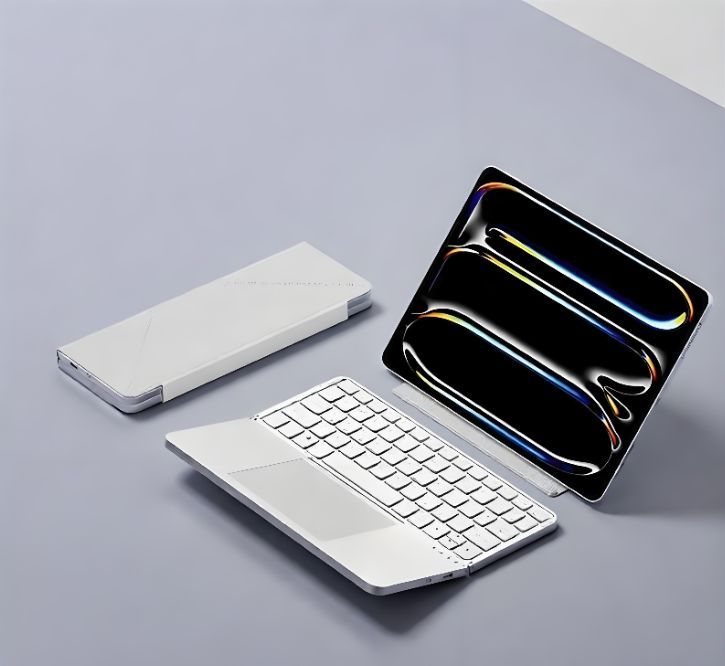 Foldable Bluetooth Keyboard with Touchpad and Stand for iPad/iPhone/MacBook,3-Device Ultra Slim PU Leather Magnetic Cover Portable Rechargeable Keyboard for macOS and iOS - White - Size 25*9cm