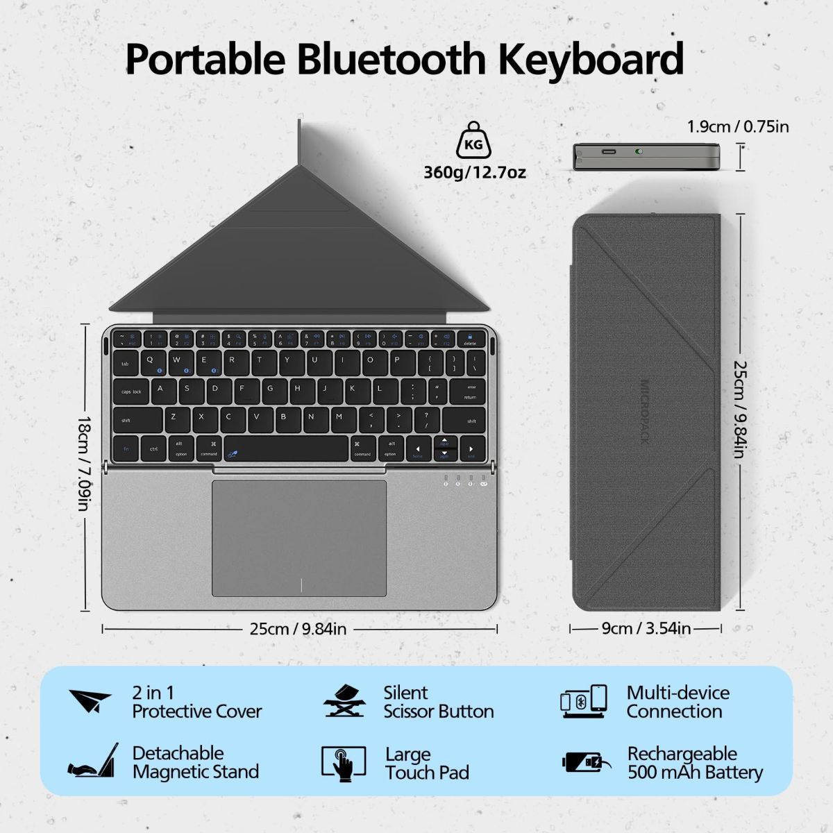 Foldable Bluetooth Keyboard with Touchpad and Stand for iPad/iPhone/MacBook,3-Device Ultra Slim PU Leather Magnetic Cover Portable Rechargeable Keyboard for macOS and iOS - White - Size 25*9cm