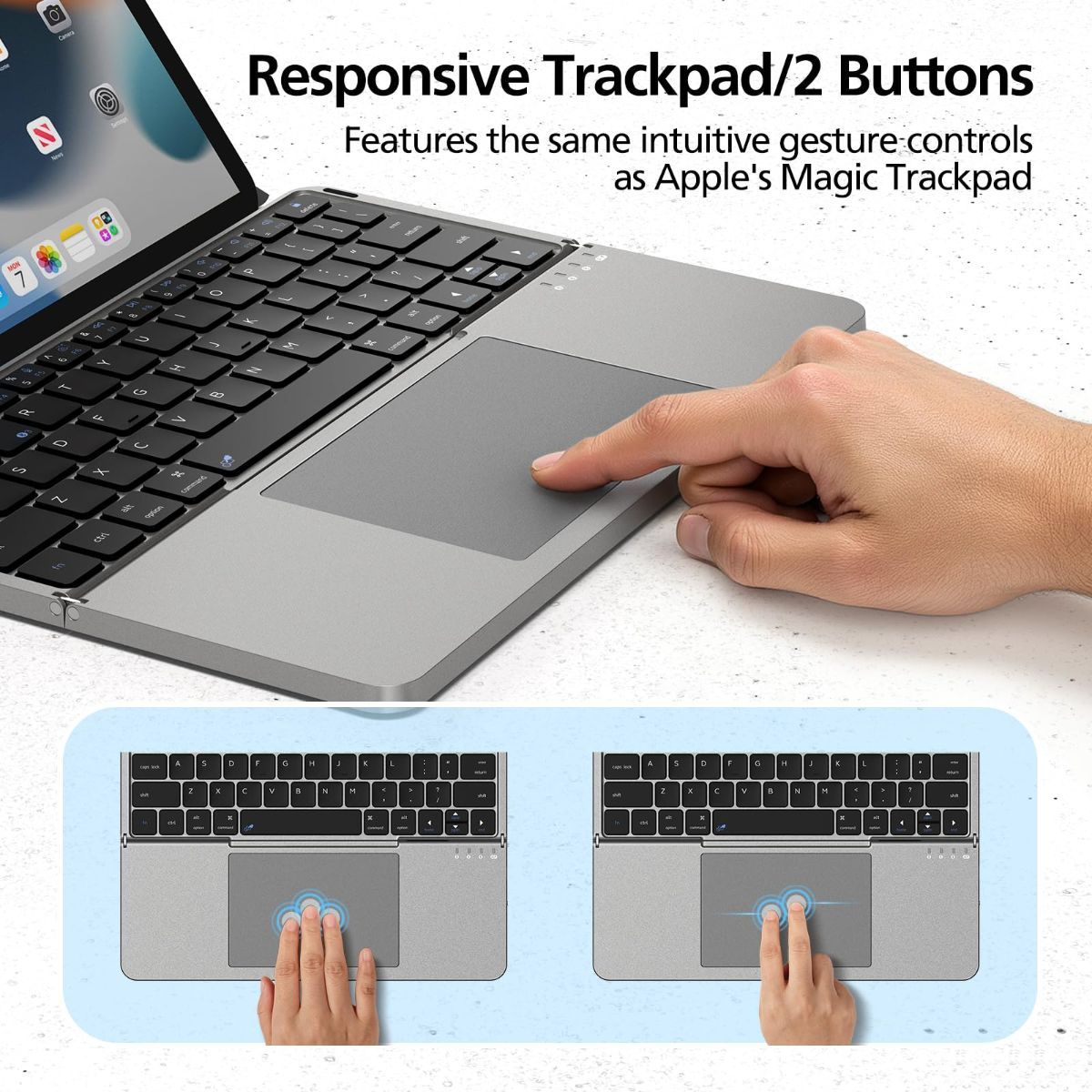 Foldable Bluetooth Keyboard with Touchpad and Stand for iPad/iPhone/MacBook,3-Device Ultra Slim PU Leather Magnetic Cover Portable Rechargeable Keyboard for macOS and iOS - White - Size 25*9cm