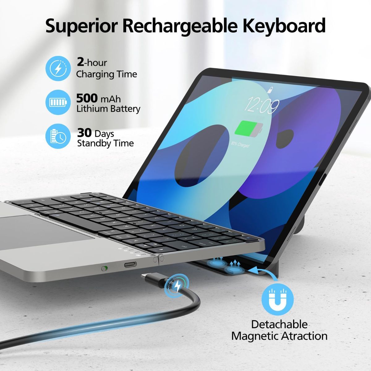 Foldable Bluetooth Keyboard with Touchpad and Stand for iPad/iPhone/MacBook,3-Device Ultra Slim PU Leather Magnetic Cover Portable Rechargeable Keyboard for macOS and iOS - White - Size 25*9cm