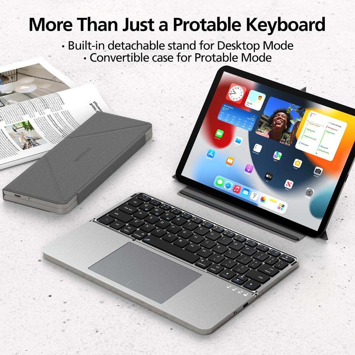 Foldable Bluetooth Keyboard with Touchpad and Stand for iPad/iPhone/MacBook,3-Device Ultra Slim PU Leather Magnetic Cover Portable Rechargeable Keyboard for macOS and iOS - White - Size 25*9cm