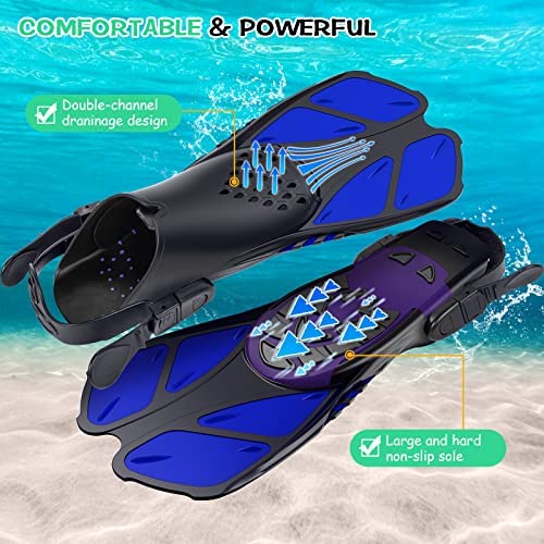 Blue Adjustable Open Heel Snorkel Fins, Travel-Size Short Swim Flippers for Snorkeling, Diving & Swimming, Adult Men & Women（L/XL）