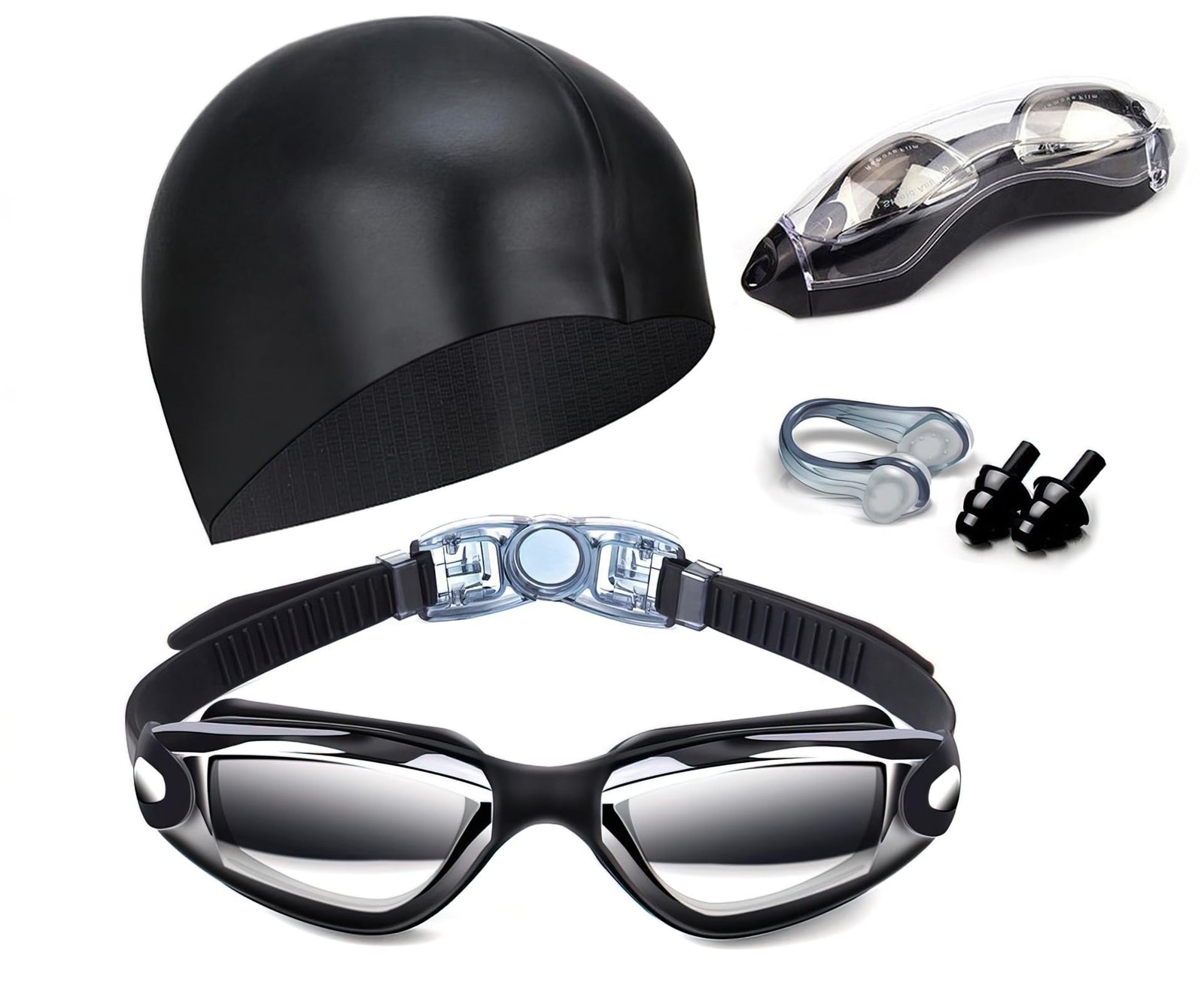 Black Swim Goggles Set with Cap, Nose Clip, Earplugs & Case: Anti-Fog UV Protection for Men & Women