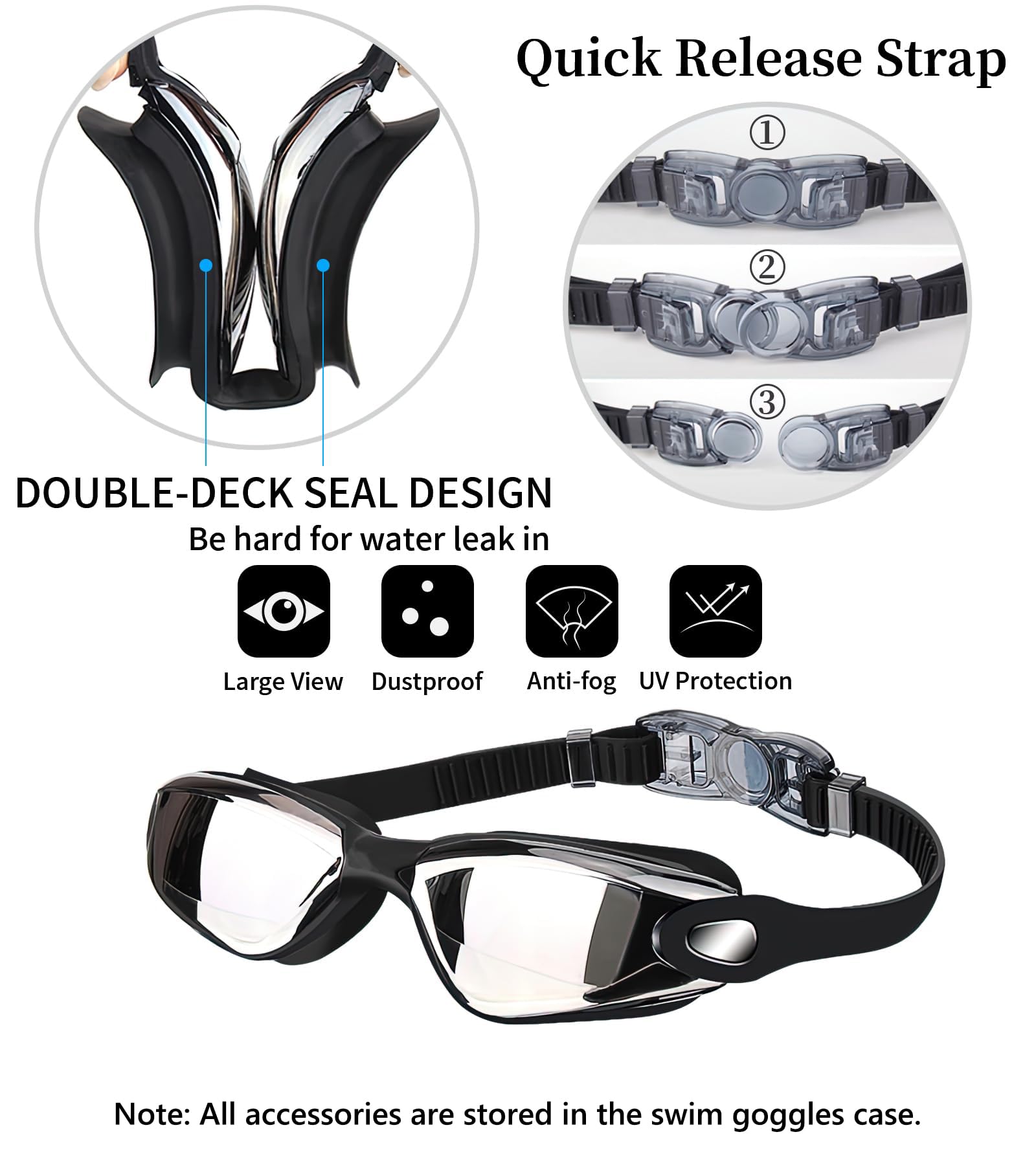 Black Swim Goggles Set with Cap, Nose Clip, Earplugs & Case: Anti-Fog UV Protection for Men & Women