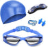 Blue Swim Goggles Set with Cap, Nose Clip, Earplugs & Case: Anti-Fog UV Protection for Men & Women