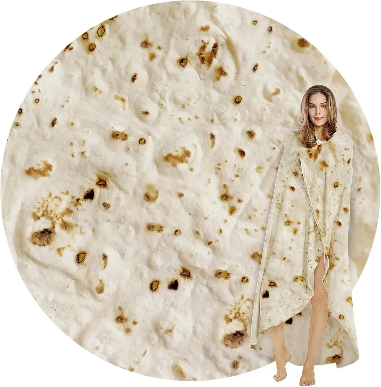 Burritos Tortilla Throw Blanket(Beige), Novelty Funny Round Blanket for Adults & Kids, Soft Flannel Tortilla Wrap Blanket（71