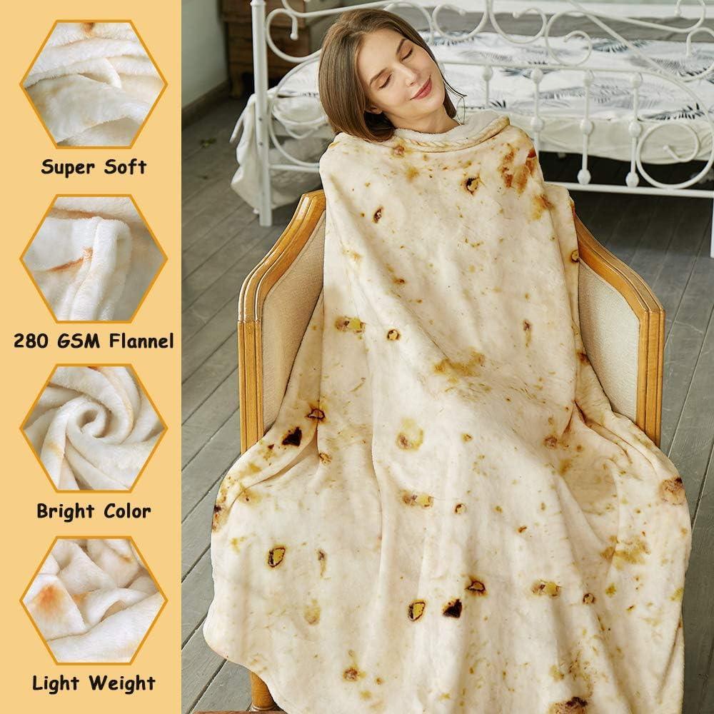 Burritos Tortilla Throw Blanket(Beige), Novelty Funny Round Blanket for Adults & Kids, Soft Flannel Tortilla Wrap Blanket（71