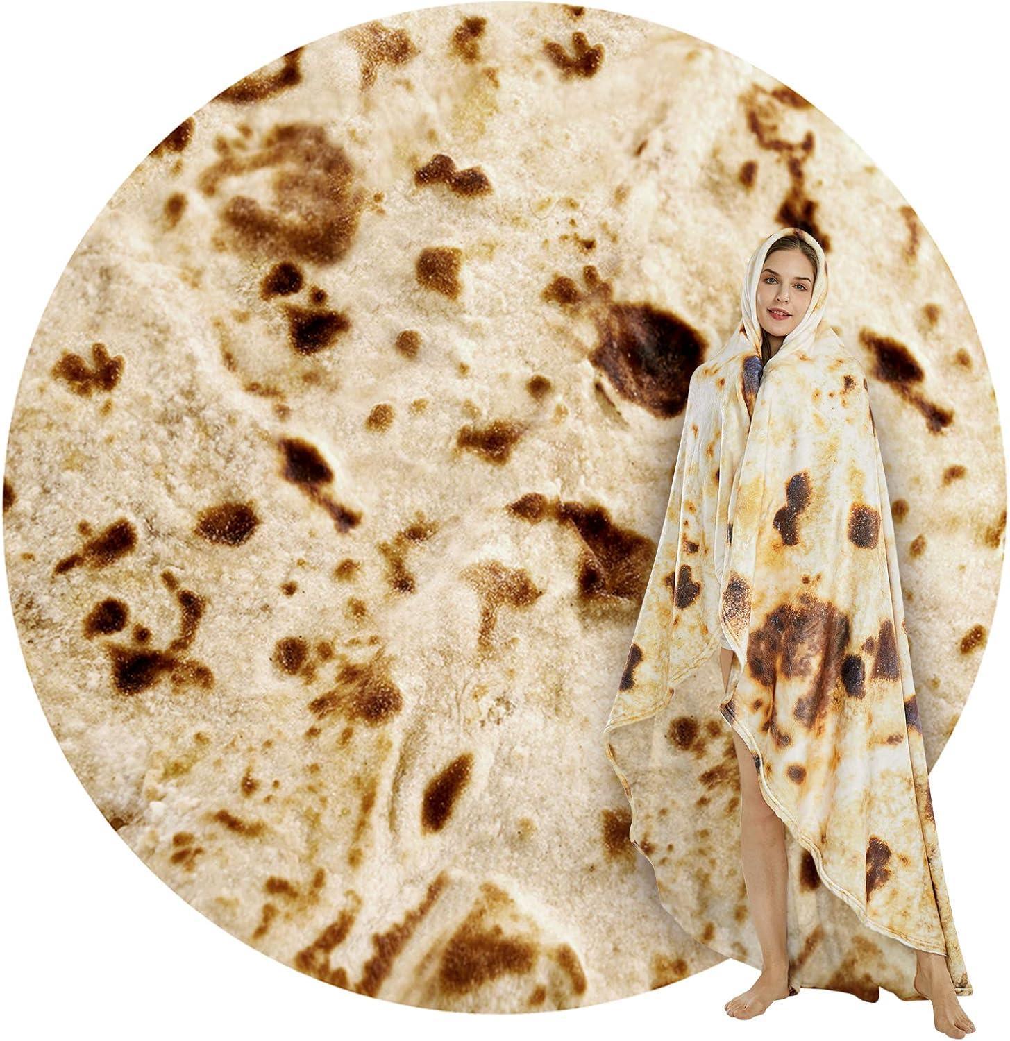 Burritos Tortilla Throw Blanket (Brown), Novelty Funny Round Blanket for Kids & Adults, Soft Flannel Tortilla Wrap Blanket（60