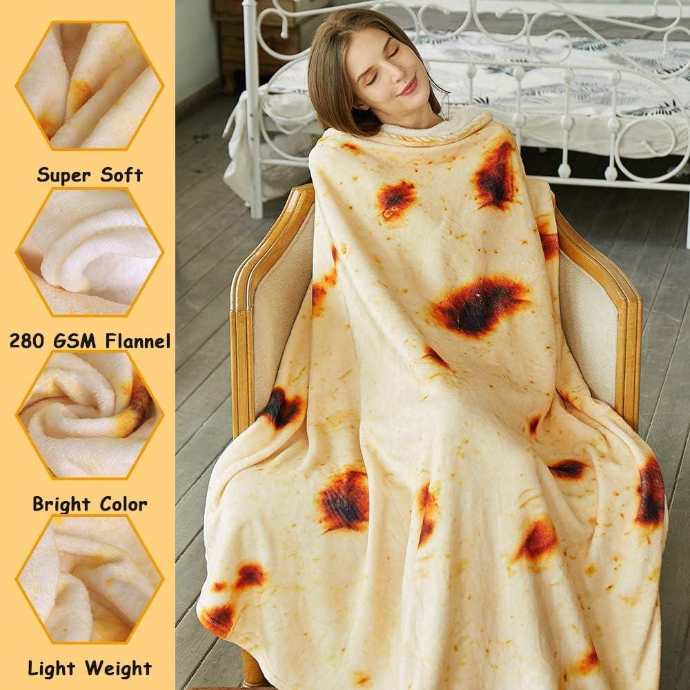 Burritos Tortilla Throw Blanket (Yellow), Novelty Funny Round Blanket for Kids & Adults, Soft Flannel Tortilla Wrap Blanket（60