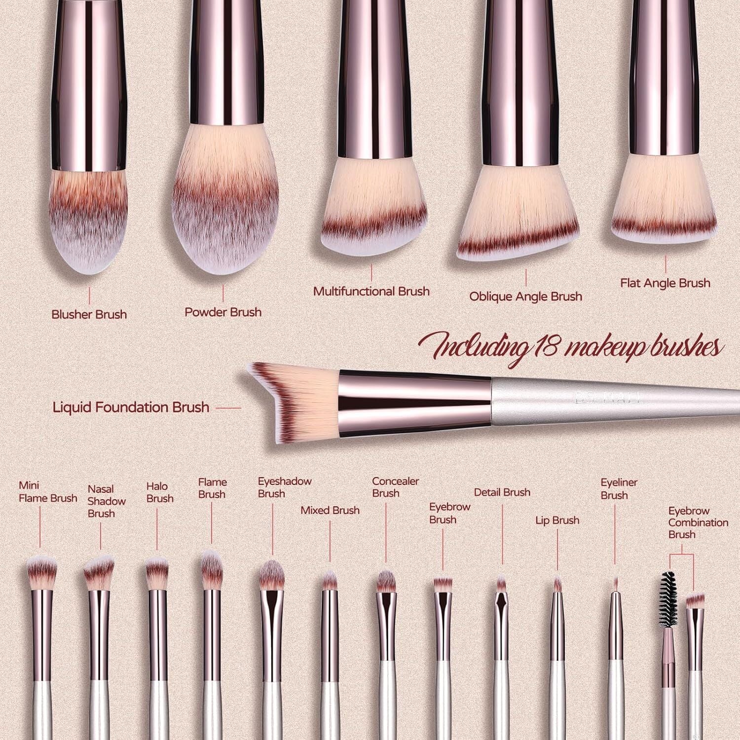Champagne Gold Makeup Brush Set (18-Piece): Professional, Cruelty-Free for Foundation, Blush & Eyeshadow, Ideal for Aussies